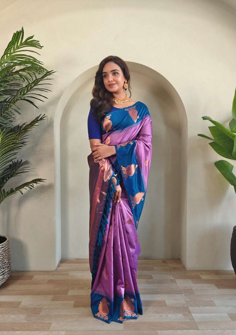 Onion Pink Zari Work Silk Blend Saree Set for Diwali and Festive Wear - Indya