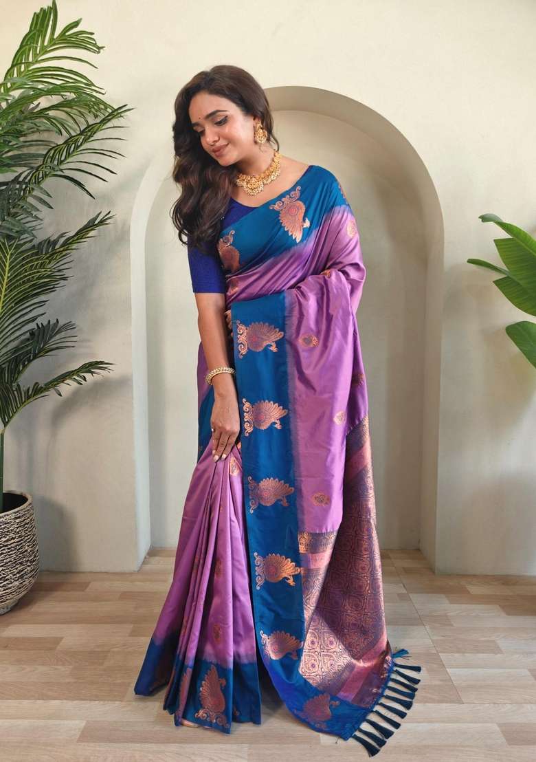 Onion Pink Zari Work Silk Blend Saree Set for Diwali and Festive Wear - Indya