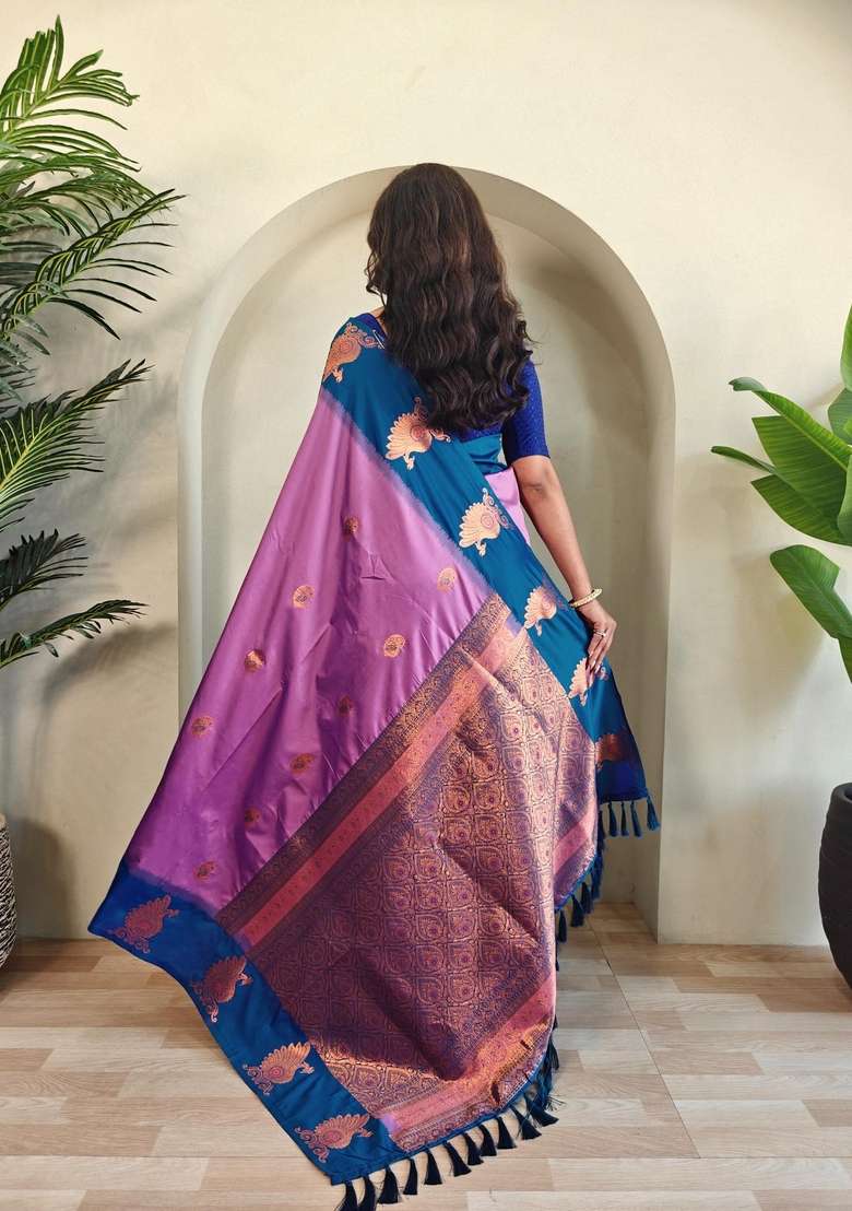 Onion Pink Zari Work Silk Blend Saree Set for Diwali and Festive Wear - Indya