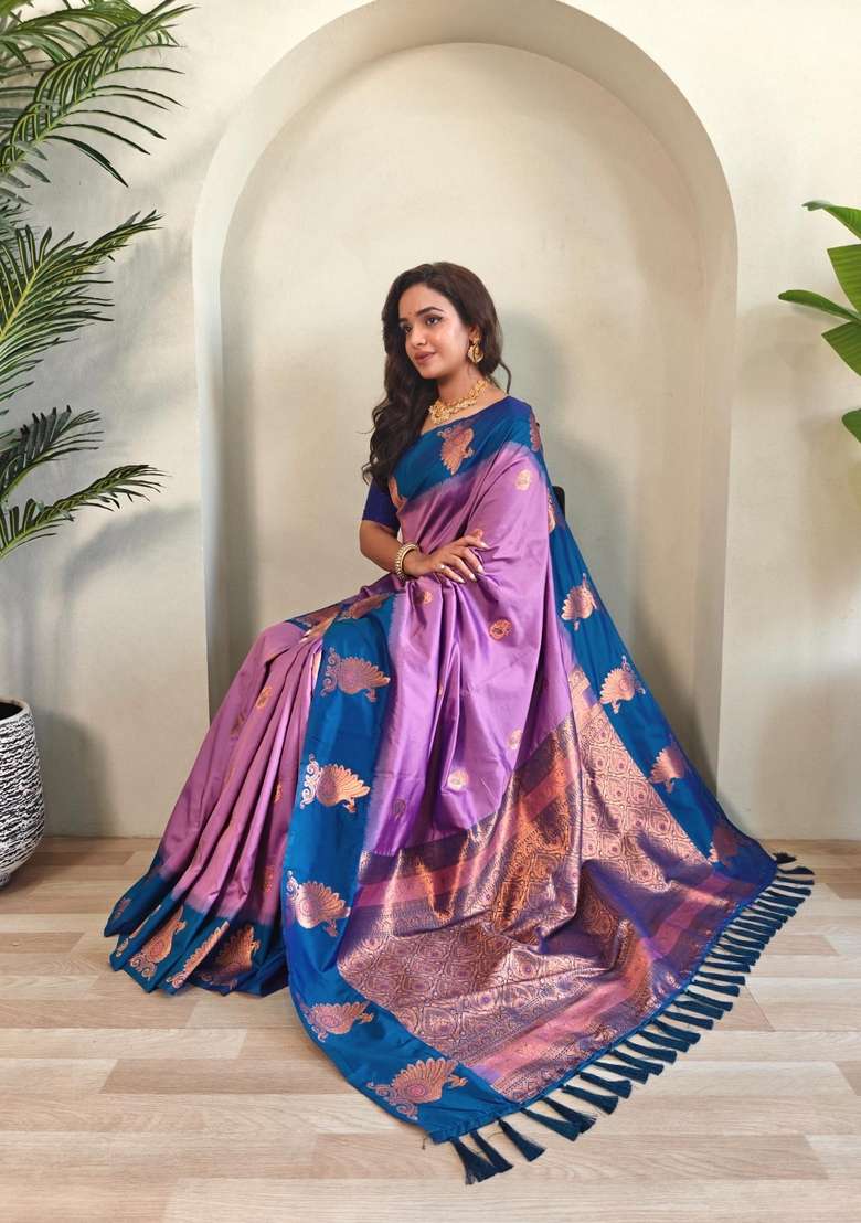 Onion Pink Zari Work Silk Blend Saree Set for Diwali and Festive Wear - Indya