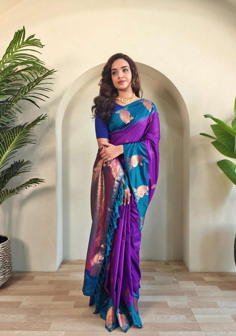 Purple Zari Work Silk Blend Saree Set for Diwali and Festive Wear - Indya