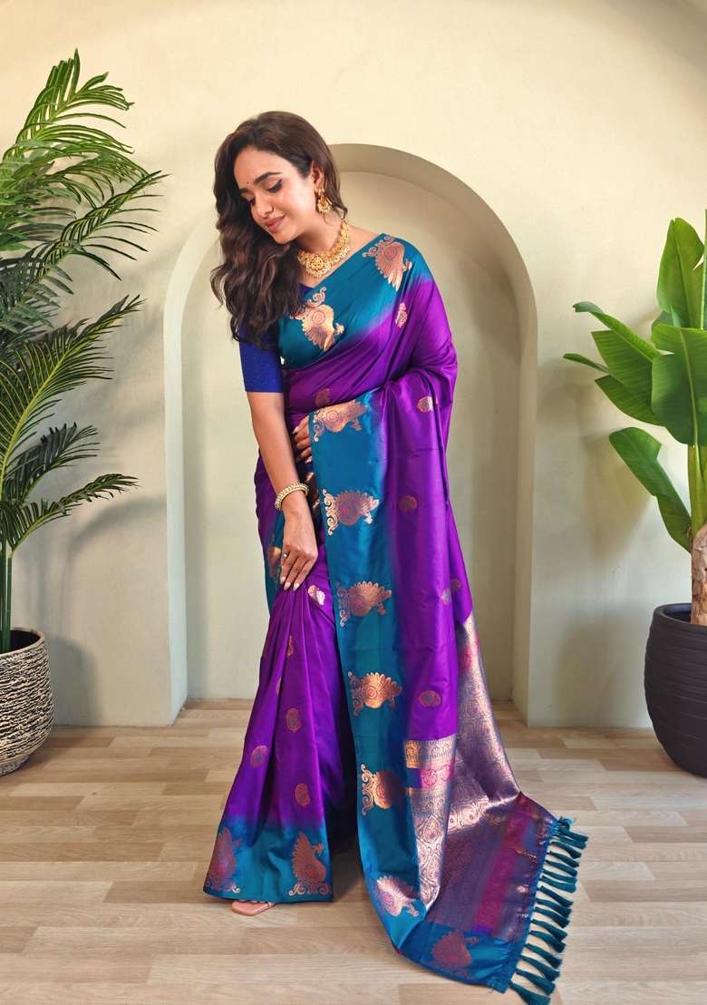Purple Zari Work Silk Blend Saree Set for Diwali and Festive Wear - Indya