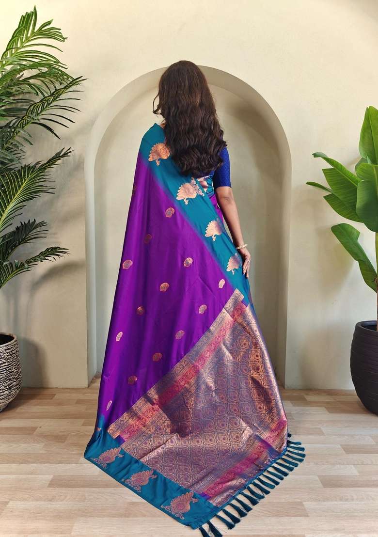 Purple Zari Work Silk Blend Saree Set for Diwali and Festive Wear - Indya