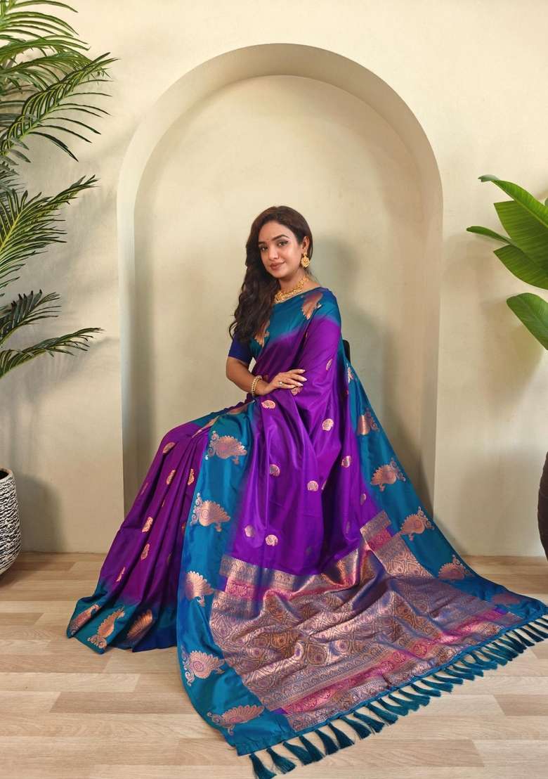 Purple Zari Work Silk Blend Saree Set for Diwali and Festive Wear - Indya