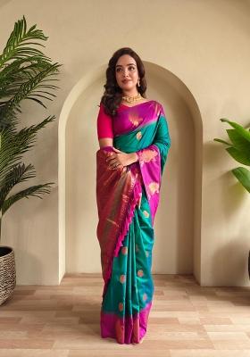 Rama Green Zari Work Silk Blend Saree Set