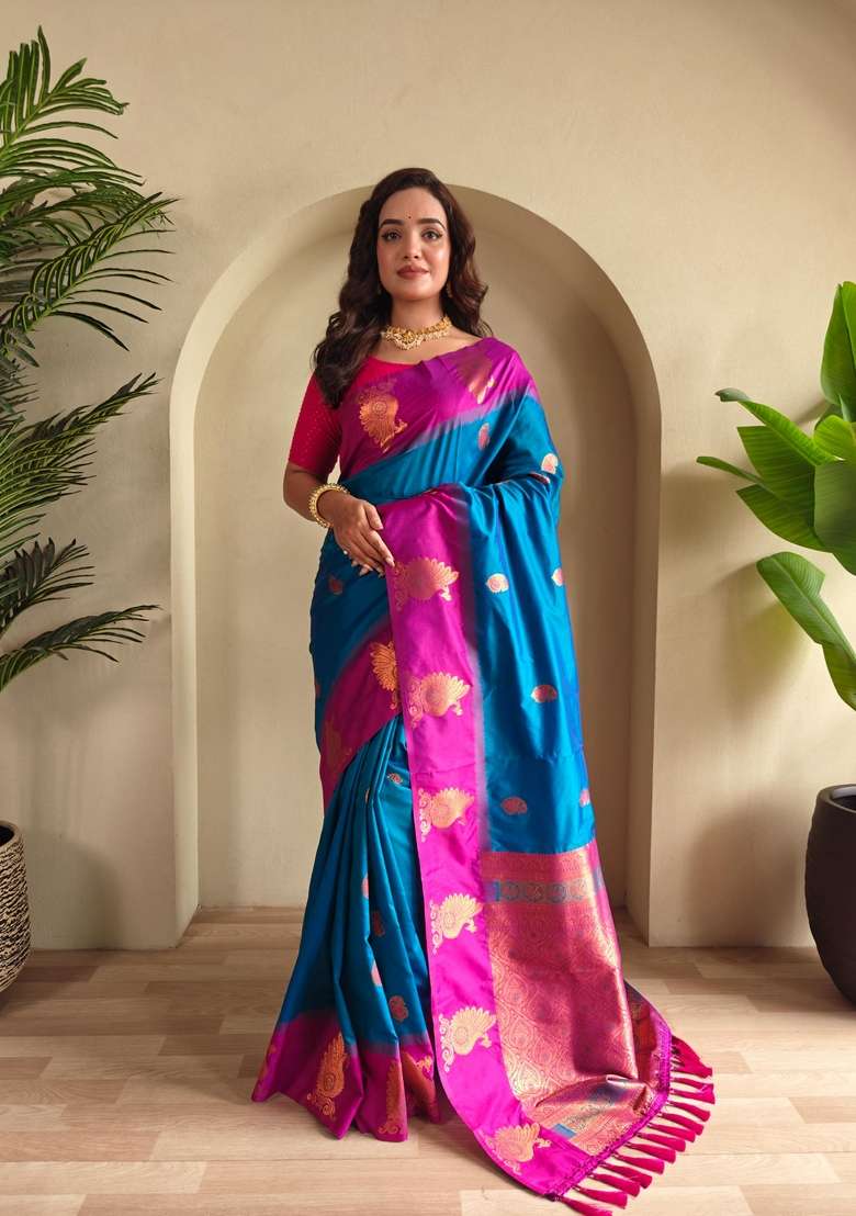 Teal Zari Work Silk Blend Saree Set for Diwali and Festive Wear - Indya
