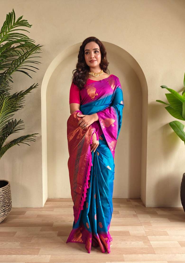 Teal Zari Work Silk Blend Saree Set for Diwali and Festive Wear - Indya
