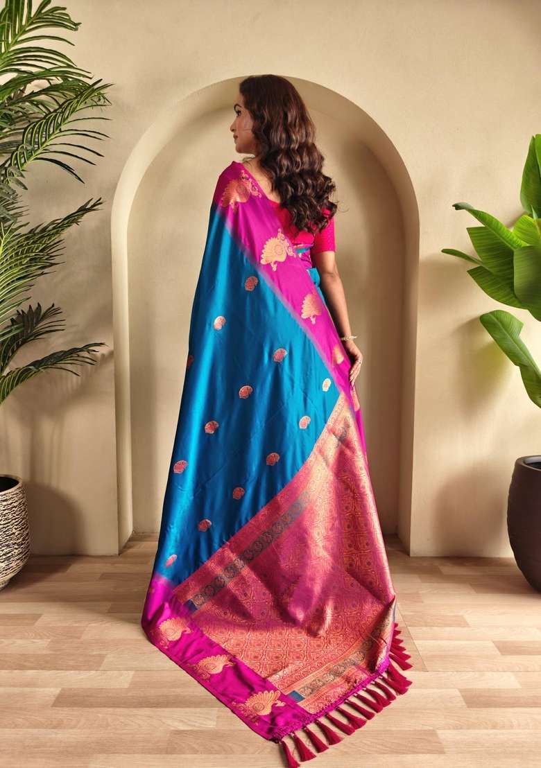 Teal Zari Work Silk Blend Saree Set for Diwali and Festive Wear - Indya