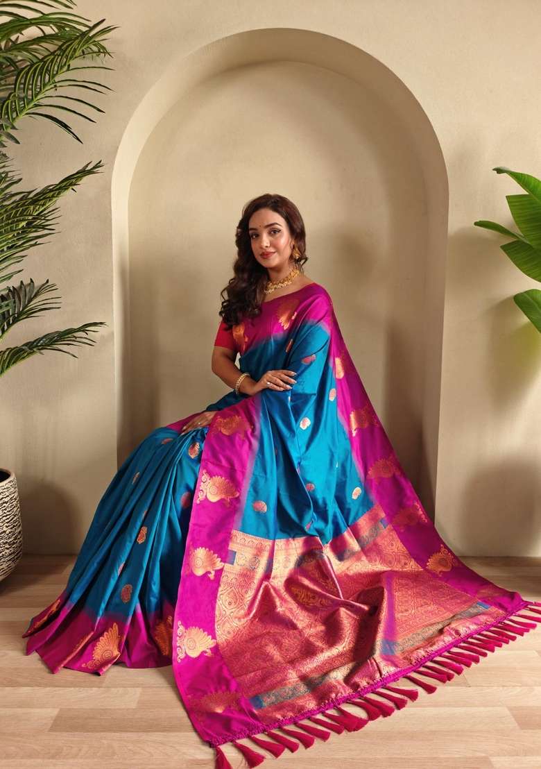 Teal Zari Work Silk Blend Saree Set for Diwali and Festive Wear - Indya