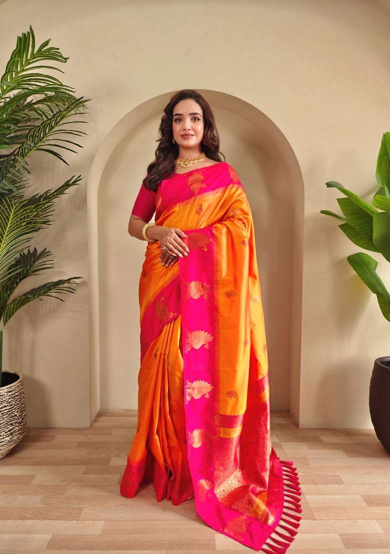 Yellow Zari Work Silk Blend Saree Set for Diwali and Festive Wear - Indya