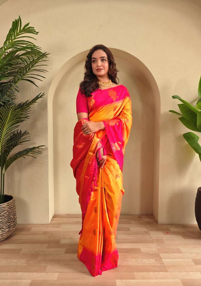 Yellow Zari Work Silk Blend Saree Set for Diwali and Festive Wear - Indya