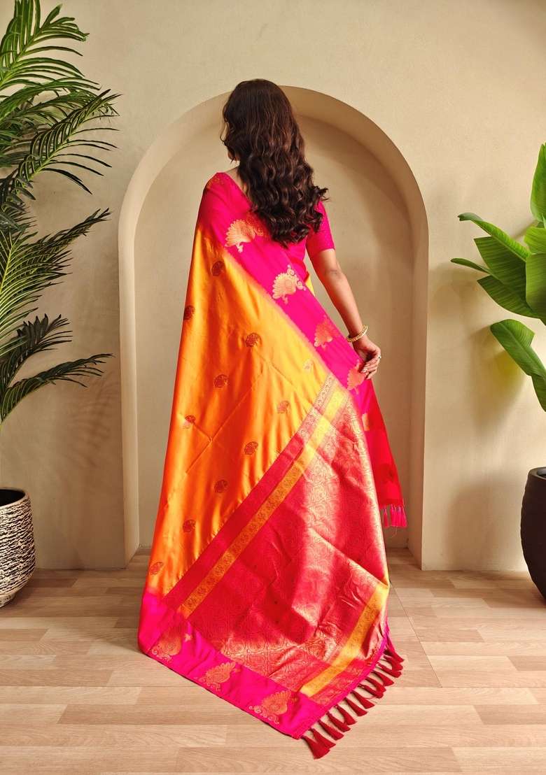 Yellow Zari Work Silk Blend Saree Set for Diwali and Festive Wear - Indya