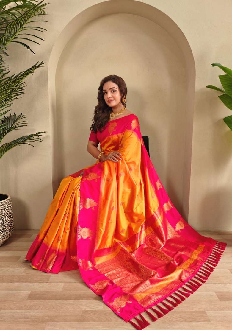 Yellow Zari Work Silk Blend Saree Set for Diwali and Festive Wear - Indya
