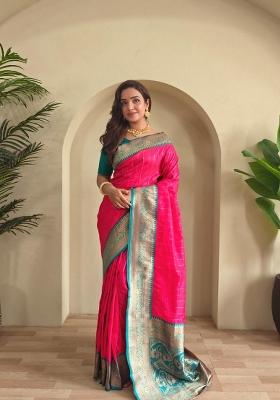 Hot Pink Zari Work Silk Blend Saree Set