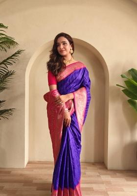 Magenta Zari Work Silk Blend Saree Set