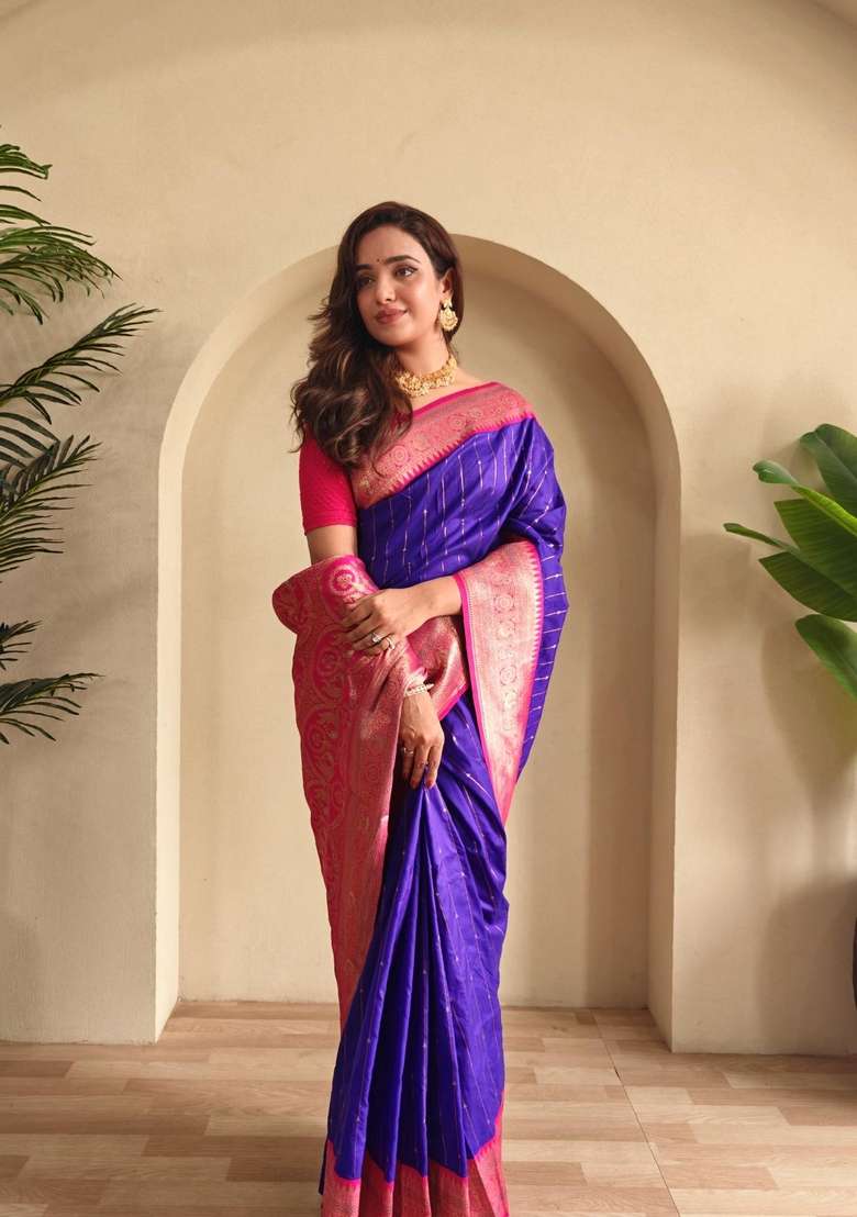 Magenta Silk Blend Saree Set with Zari Work for Diwali | Wedding & Festive Wear - Indya
