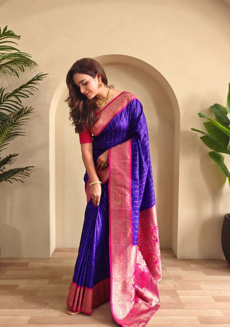 Magenta Silk Blend Saree Set with Zari Work for Diwali | Wedding & Festive Wear - Indya