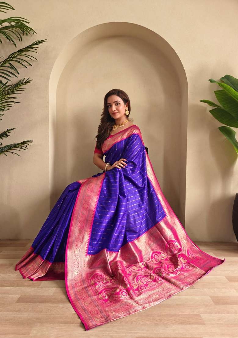 Magenta Silk Blend Saree Set with Zari Work for Diwali | Wedding & Festive Wear - Indya
