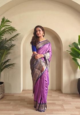 Onion Pink Zari Work Silk Blend Saree Set