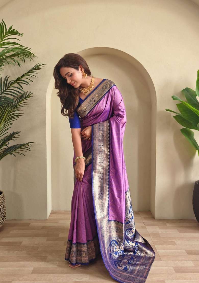 Onion Pink Zari Work Silk Blend Saree Set for Diwali and Festive Wear - Indya