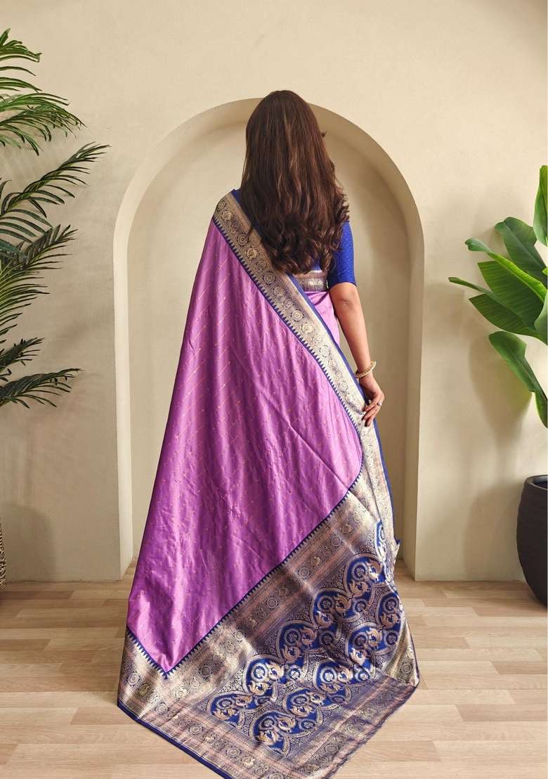 Onion Pink Zari Work Silk Blend Saree Set for Diwali and Festive Wear - Indya