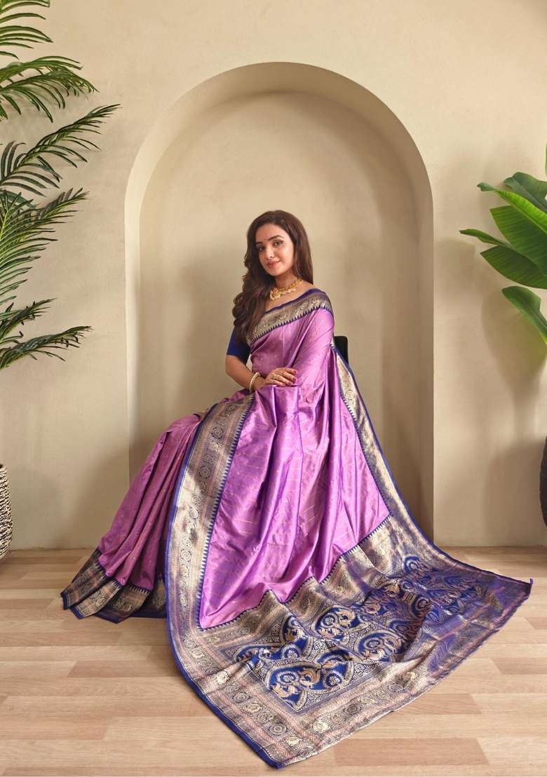 Onion Pink Zari Work Silk Blend Saree Set for Diwali and Festive Wear - Indya