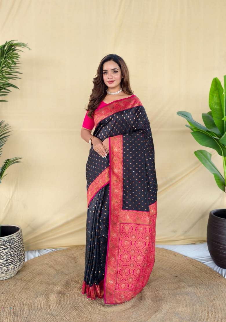 Black Zari Work Silk Blend Saree Set for Diwali and Festive Wear - Indya