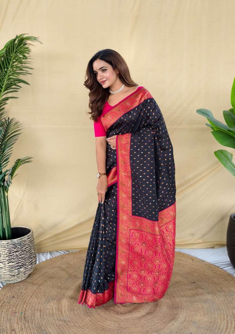 Black Zari Work Silk Blend Saree Set for Diwali and Festive Wear - Indya