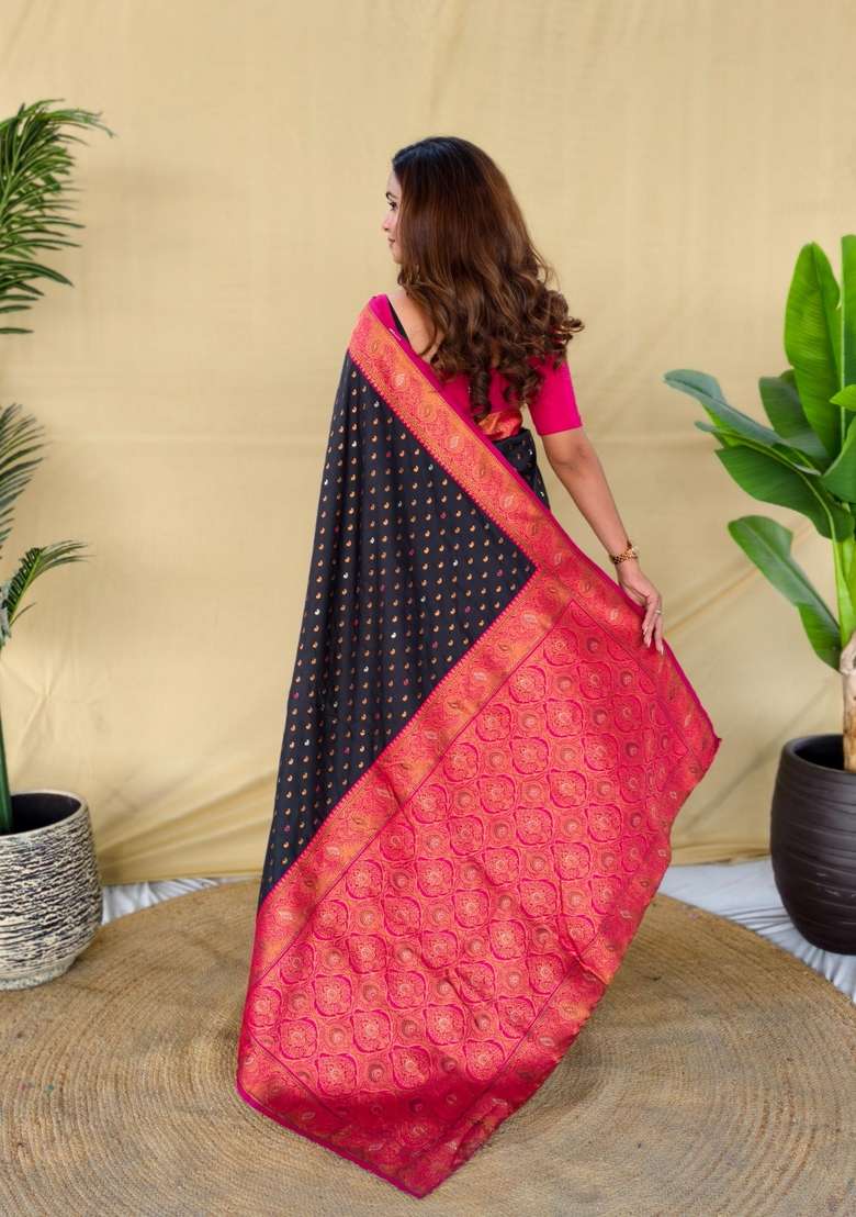Black Zari Work Silk Blend Saree Set for Diwali and Festive Wear - Indya