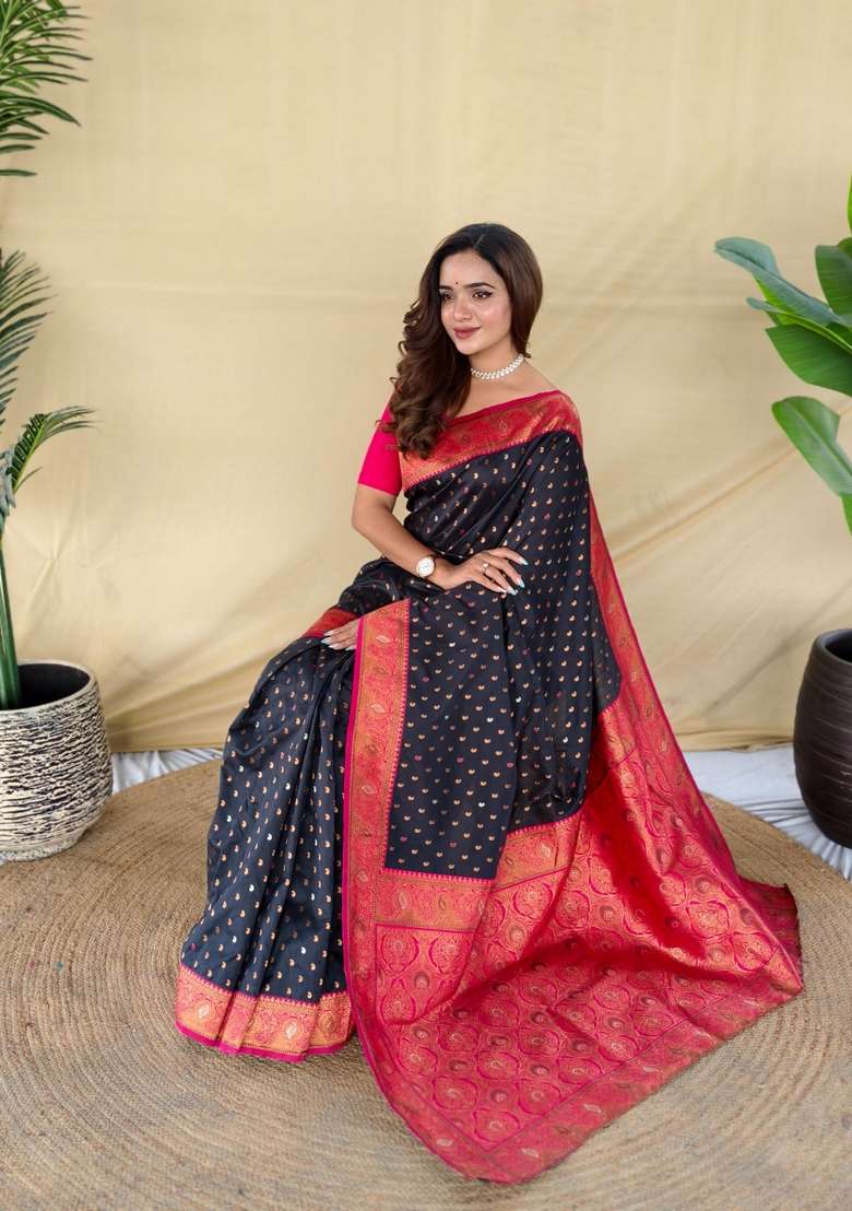 Black Zari Work Silk Blend Saree Set for Diwali and Festive Wear - Indya