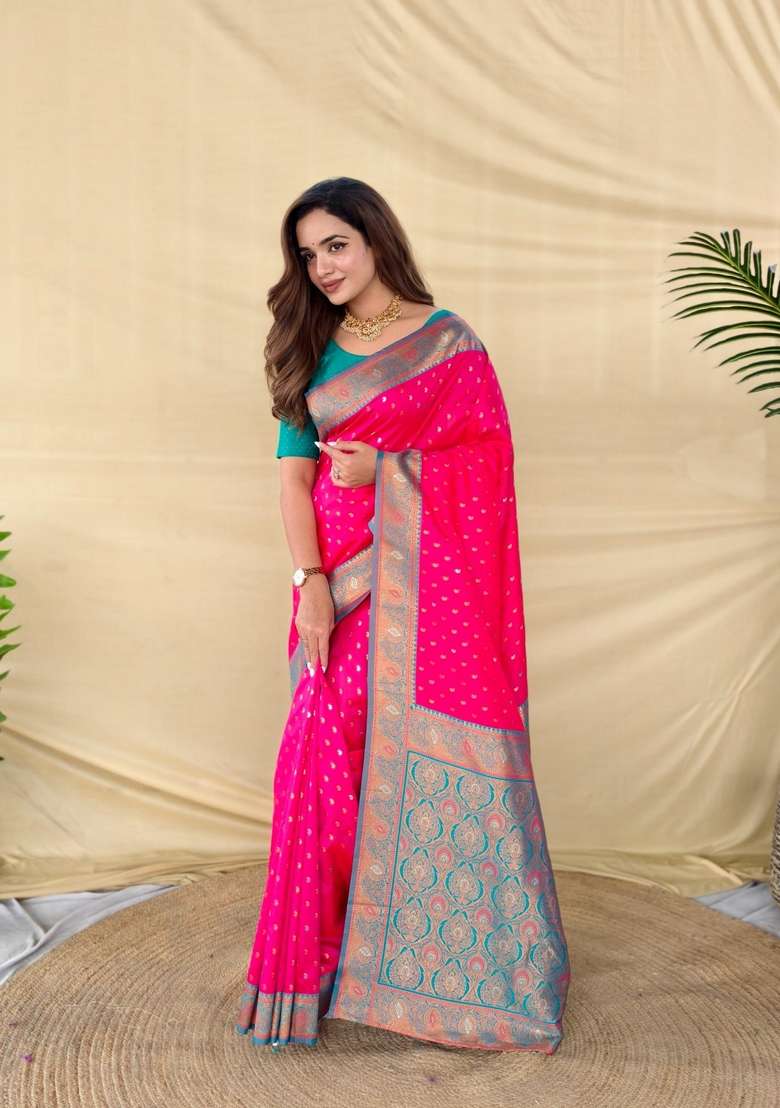 Hot Pink Zari Work Silk Blend Saree Set for Diwali and Festive Wear - Indya