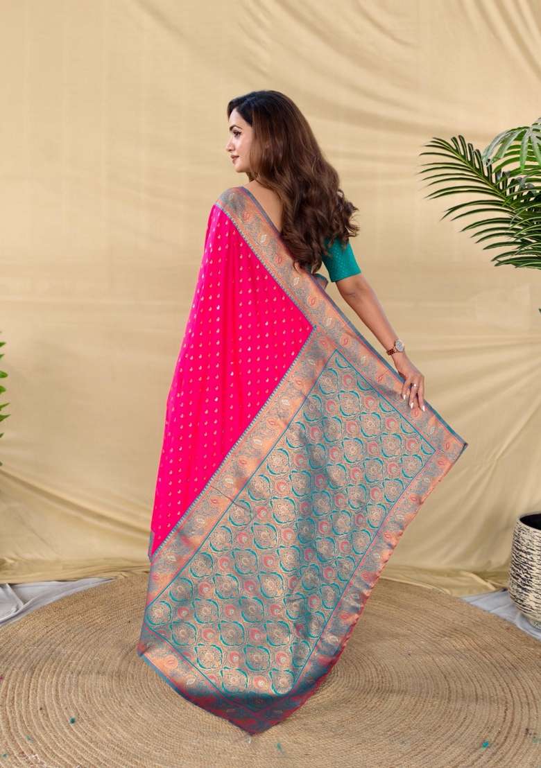 Hot Pink Zari Work Silk Blend Saree Set for Diwali and Festive Wear - Indya
