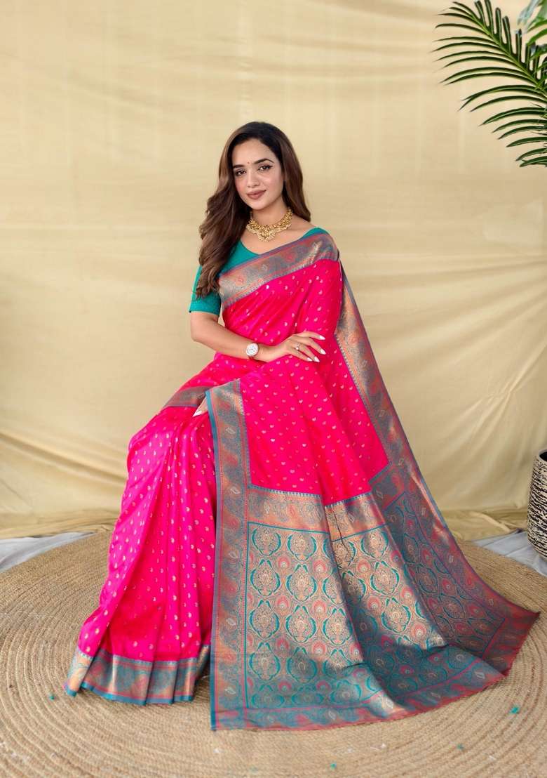 Hot Pink Zari Work Silk Blend Saree Set for Diwali and Festive Wear - Indya
