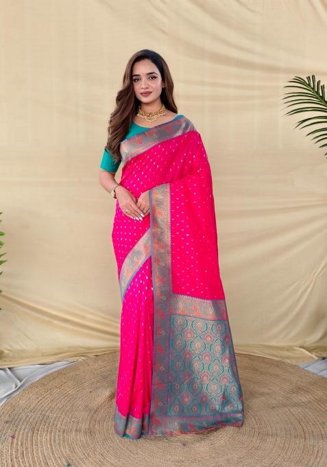 Hot Pink Zari Work Silk Saree Set — view on Indya