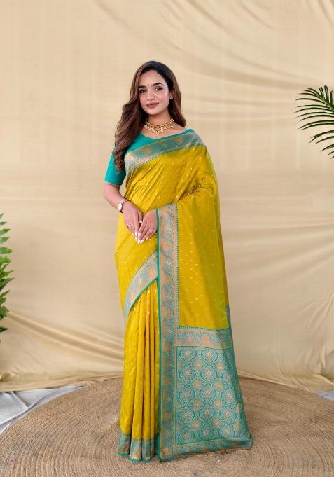 Lemon Zari Work Silk Saree Set — view on Indya