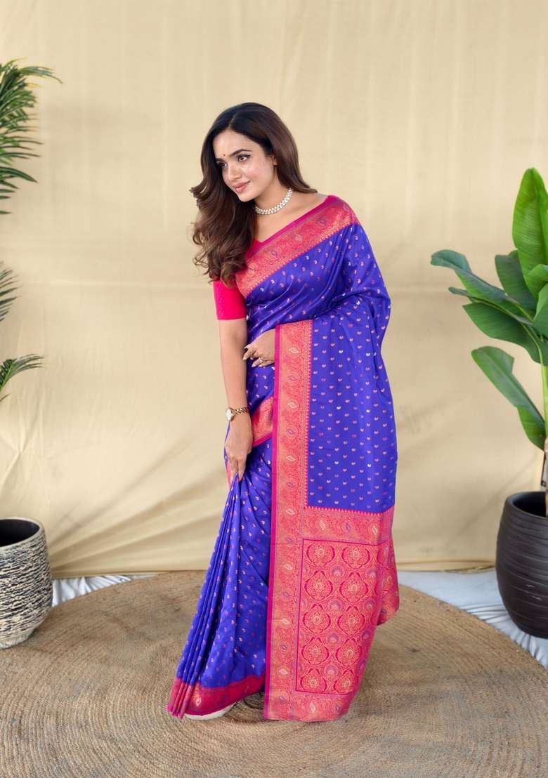 Magenta Zari Work Silk Blend Saree Set for Diwali and Festive Wear - Indya