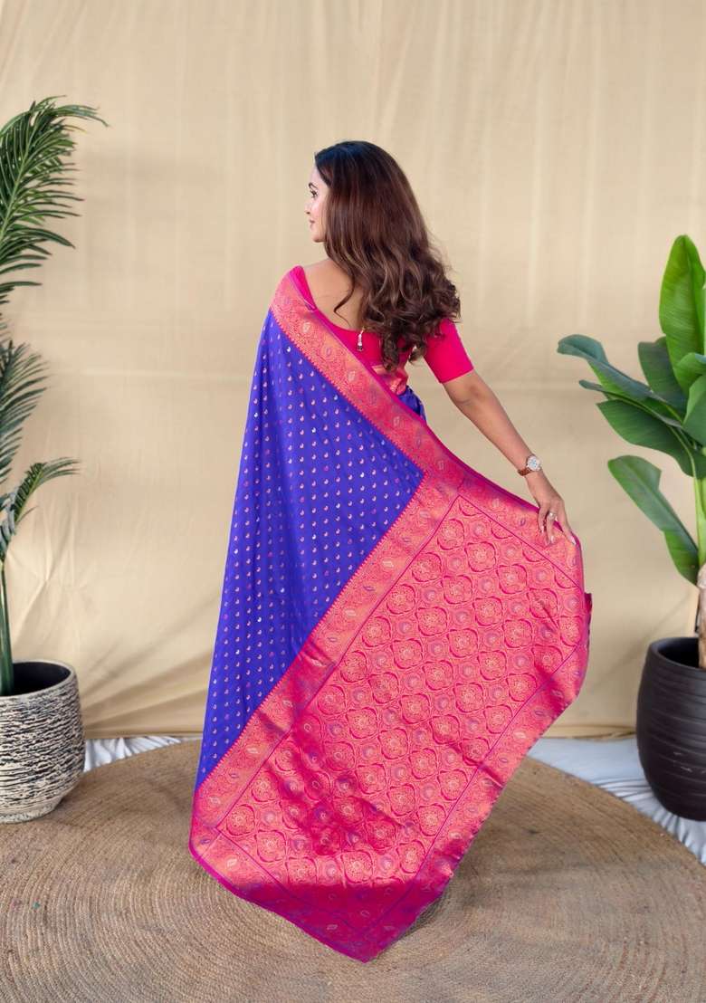 Magenta Zari Work Silk Blend Saree Set for Diwali and Festive Wear - Indya