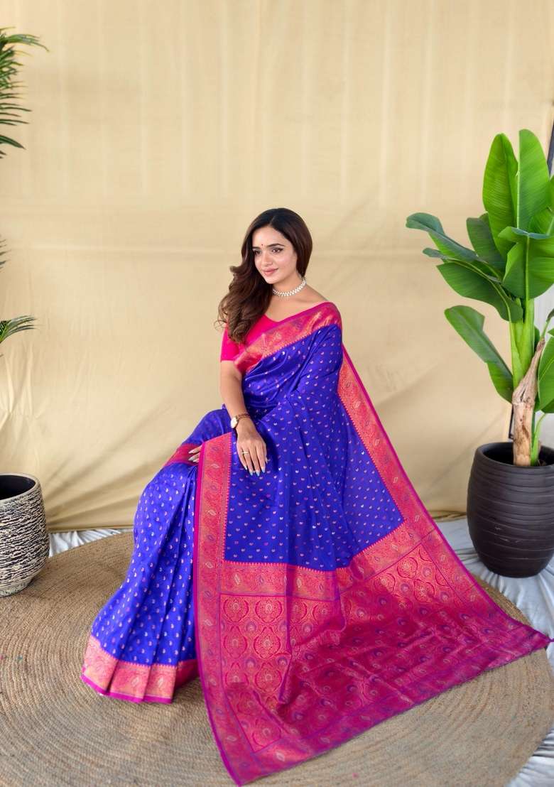 Magenta Zari Work Silk Blend Saree Set for Diwali and Festive Wear - Indya