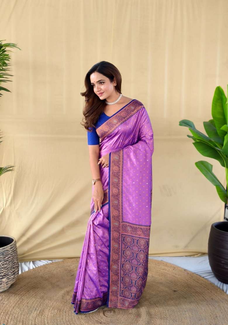 Onion Pink Zari Work Silk Blend Saree Set for Diwali and Festive Wear - Indya
