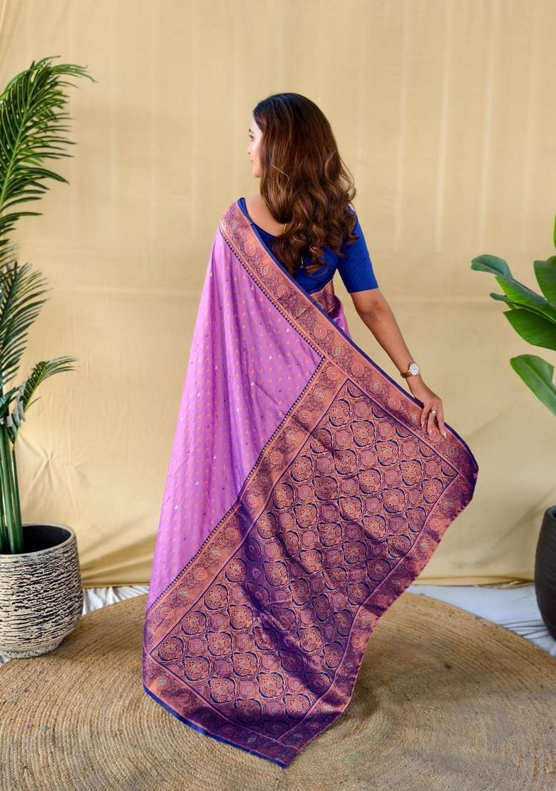 Onion Pink Zari Work Silk Blend Saree Set for Diwali and Festive Wear - Indya