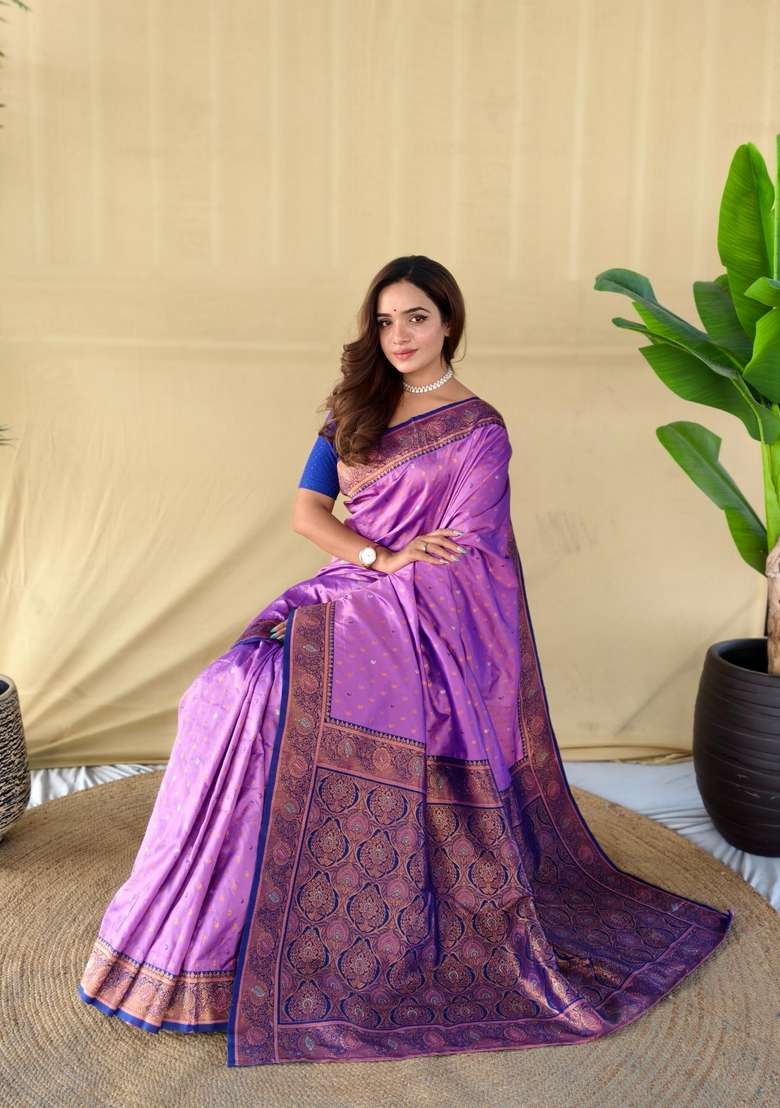 Onion Pink Zari Work Silk Blend Saree Set for Diwali and Festive Wear - Indya
