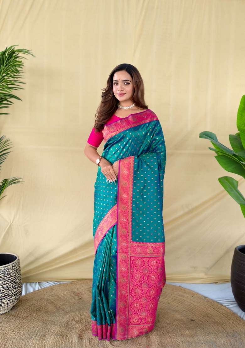 Teal Zari Work Silk Blend Saree Set for Diwali and Festive Wear - Indya
