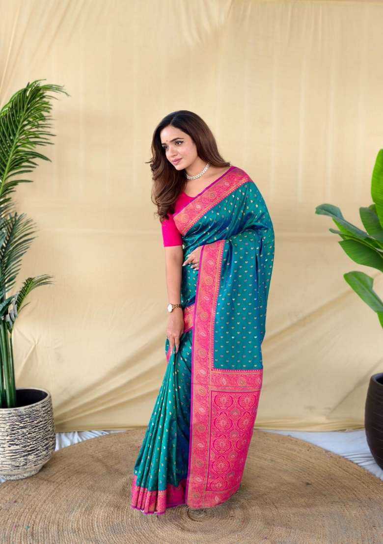 Teal Zari Work Silk Blend Saree Set for Diwali and Festive Wear - Indya