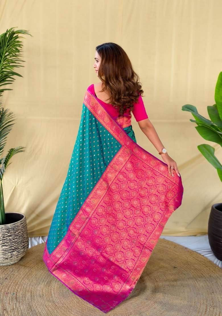 Teal Zari Work Silk Blend Saree Set for Diwali and Festive Wear - Indya
