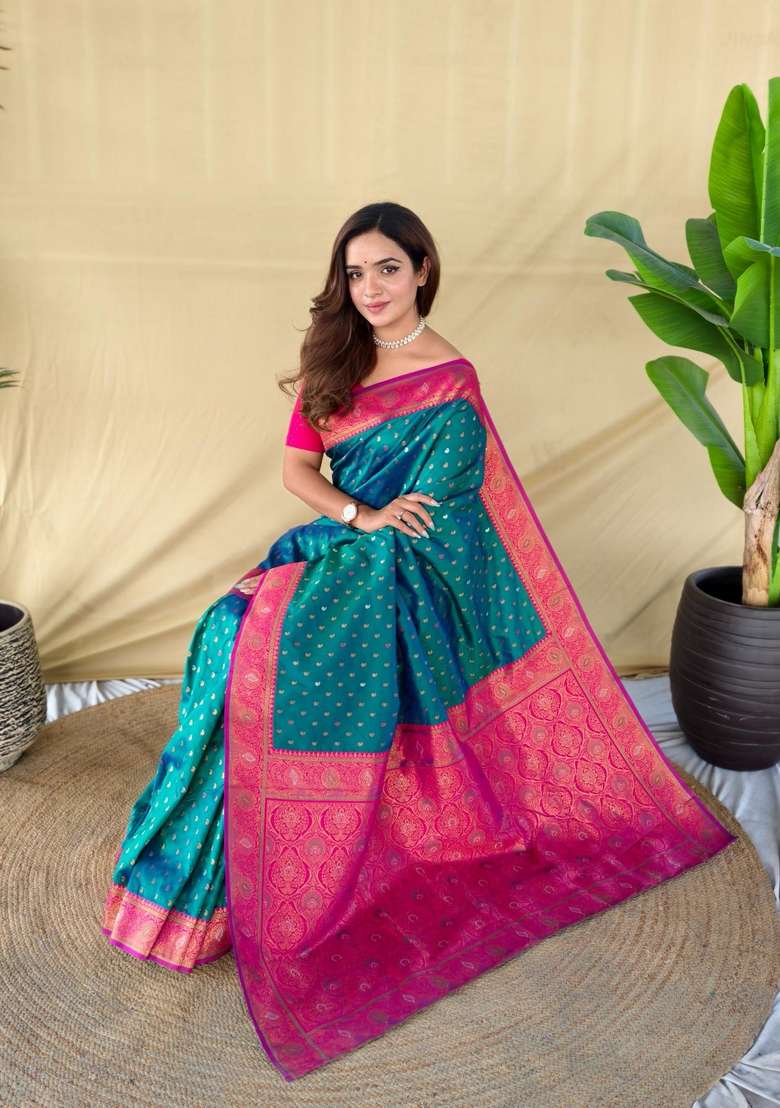 Teal Zari Work Silk Blend Saree Set for Diwali and Festive Wear - Indya