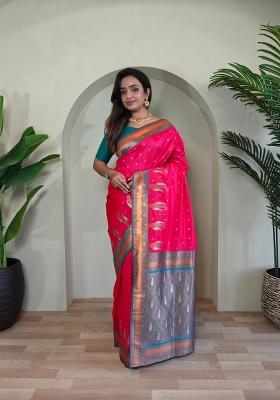 Hot Pink Zari Work Silk Blend Saree Set