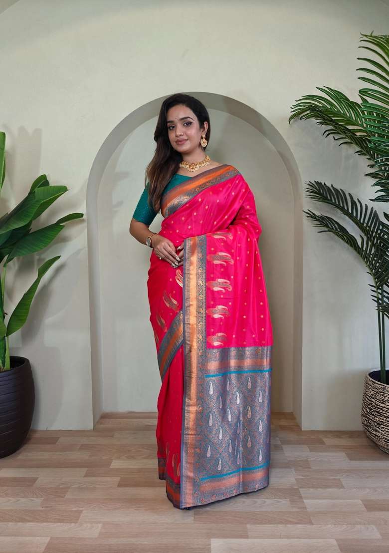 Hot Pink Zari Work Silk Blend Saree Set for Diwali and Festive Wear - Indya