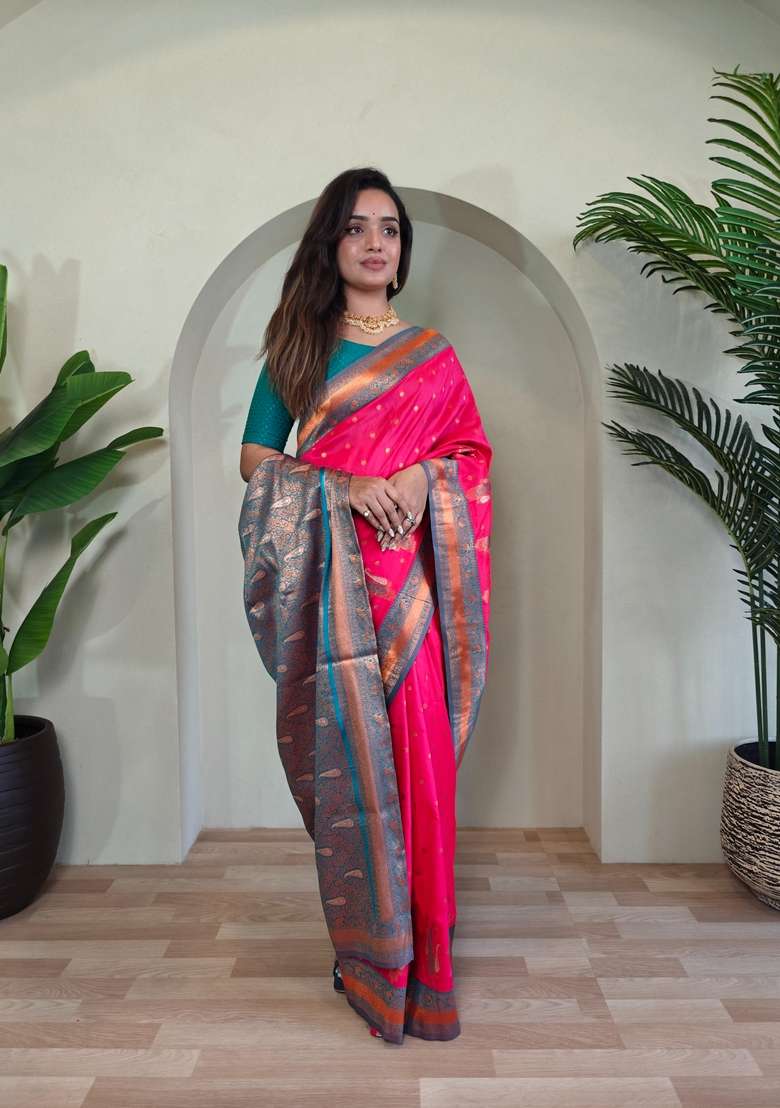 Hot Pink Zari Work Silk Blend Saree Set for Diwali and Festive Wear - Indya