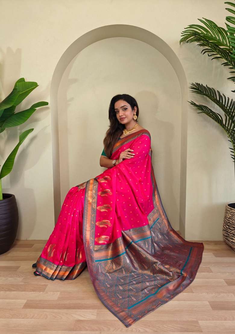 Hot Pink Zari Work Silk Blend Saree Set for Diwali and Festive Wear - Indya