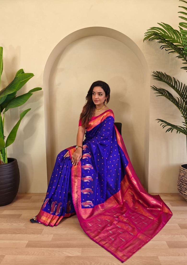Magenta Zari Work Silk Blend Saree Set for Diwali and Festive Wear - Indya